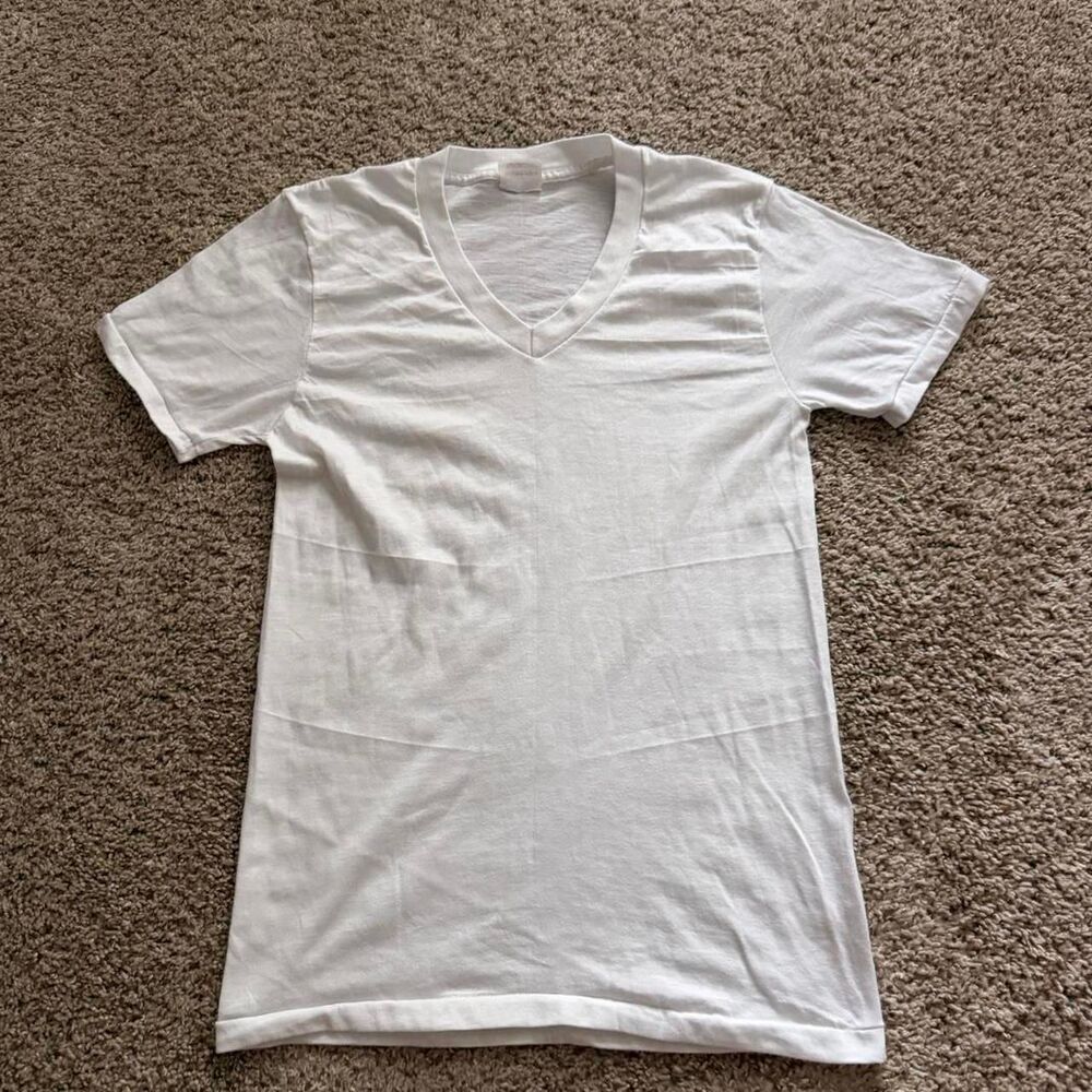 Vintage 80s Mervyn’s Single Stitch White V Neck T Shirt Blank USA Made Medium